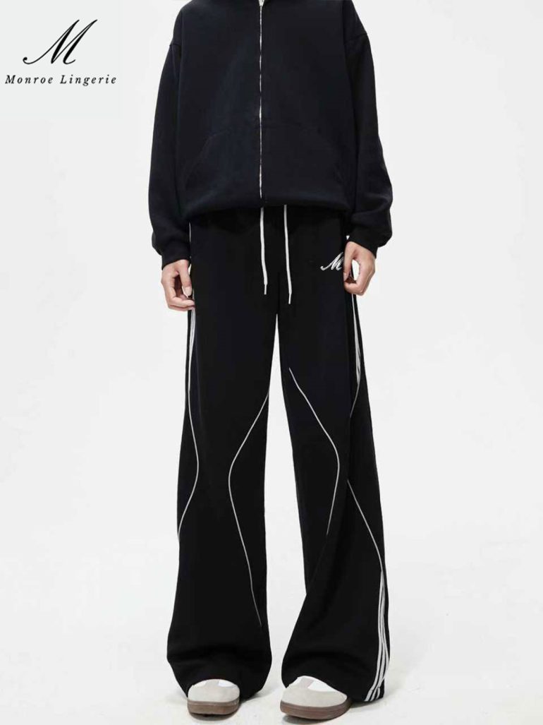M Monroe Black Wide Leg Sweatpants Women Casual Loose High Waist Striped Side Streetwear Pants