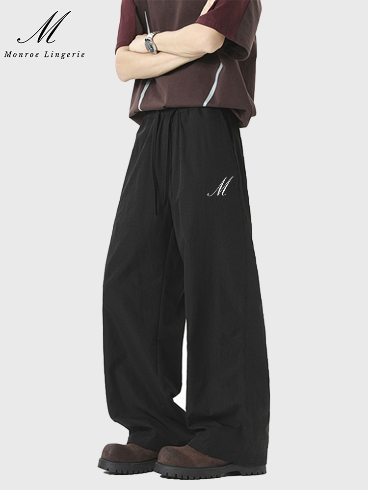 M Monroe Men's Black Oversized Wide-Leg Pants Loose Drawstring Casual Trousers Trendy Streetwear
